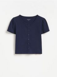 Bawełniany t-shirt - granatowy. Niebieskie koszulki dziewczęce Reserved, bez wzorów, z bawełny, bez ramiączek. Za 29.99 zł.