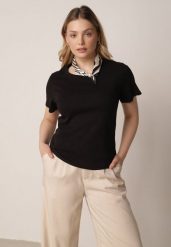 Czarny Bawełniany T-shirt z Satynową Apaszką Cloud. Czarne t-shirty damskie Born2be, l, bez wzorów, z bawełny, bez kołnierzyka. Za 59.99 zł.