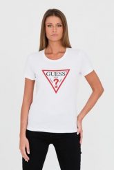 GUESS Biały damski t-shirt bawełniany Original Tee, Rozmiar L. Białe t-shirty damskie Guess, l, z aplikacjami, z bawełny, bez kołnierzyka. W wyprzedaży za 89.99 zł.