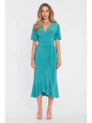 Made of emotion Sukienka w kolorze turkusowym rozmiar: M. Niebieskie sukienki damskie Made Of Emotion, m, bez wzorów, bez kołnierzyka, bez ramiączek, midi, kopertowe. Za 234.99 zł.