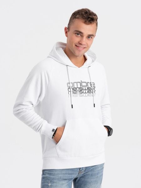 Męska bluza nierozpinana z kapturem i nadrukiem - biała V1 - Rozmiar: XL. Białe bluzy z kapturem męskie Ombre Clothing, m, z bawełny. W wyprzedaży za 49.99 zł.