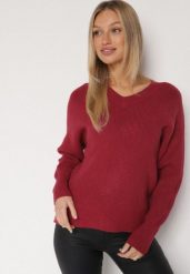 Bordowy Sweter z Domieszką Kaszmiru z Dekoltem w Serek Feralaine. Czerwone swetry klasyczne damskie Born2be, z jeansu, bez kołnierzyka. Za 104.99 zł.