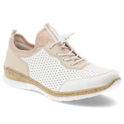 Białe Półbuty Rieker Wsuwane Obuwie Damskie. Białe półbuty damskie Rieker, bez wzorów, z materiału, eleganckie, bez obcasa. Za 349.00 zł.