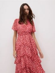 Wzorzysta sukienka z falbanami - wielobarwny. Sukienki damskie Reserved, na co dzień, l, bez wzorów, z tkaniny, bez kołnierzyka, bez ramiączek, proste. Za 199.99 zł.