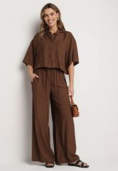 Brązowy Wiskozowy Komplet Oversize Koszula z Krótkim Rękawem i Spodnie Dovilissea. Brązowe koszule damskie Born2be, bez wzorów, z wiskozy, eleganckie. Za 129.99 zł.