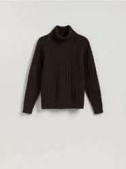 Sweter z wełną - ciemnobrązowy. Brązowe swetry męskie Reserved, l, bez wzorów, z dzianiny, bez kołnierzyka. Za 239.99 zł.