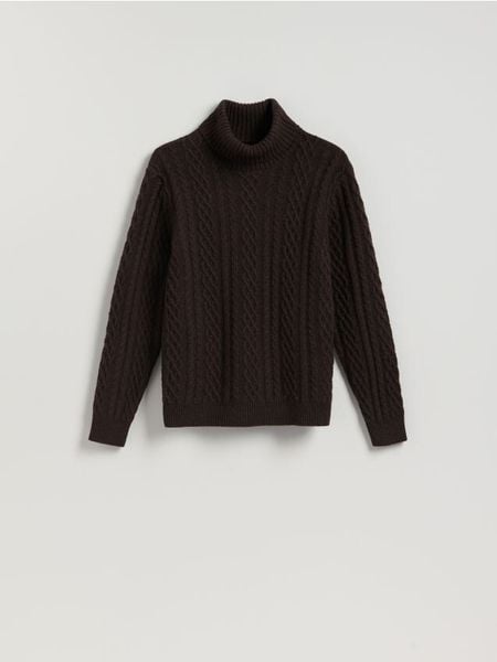 Sweter z wełną - ciemnobrązowy. Brązowe swetry męskie Reserved, l, bez wzorów, z dzianiny, bez kołnierzyka. Za 239.99 zł.
