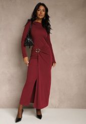 Bordowa Elegancka Sukienka Zdobiona Marszczeniem i Metaliczną Aplikacją Raselia. Czerwone sukienki damskie Renee, na imprezę, l, z aplikacjami, eleganckie, bez kołnierzyka, bez ramiączek, maxi. Za 159.99 zł.