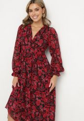 Bordowa Maxi Sukienka z Kopertowym Dekoltem w Modny Print Ceconna. Czerwone sukienki damskie Born2be, l, bez wzorów, bez kołnierzyka, bez ramiączek, maxi, kopertowe. W wyprzedaży za 159.99 zł.
