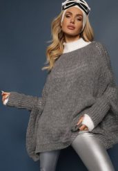 Ciemnoszary Luźny Sweter Dzianinowy w Stylu Ponczo Nattava. Szare swetry klasyczne damskie Renee, uniwersalny, z dzianiny, bez kołnierzyka. Za 84.99 zł.