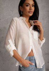 Jasnobeżowa Prześwitująca Koszula z Cyrkoniami Arialle. Brązowe koszule damskie Renee, l, bez wzorów, z jeansu, z asymetrycznym kołnierzem, bez ramiączek. Za 79.99 zł.