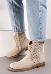 Beżowe Botki z Ażurową Cholewką i Skórzaną Wkładką Tinalei. Brązowe botki damskie Born2be, z jeansu, eleganckie, bez obcasa, na płaskiej podeszwie, bez zapięcia. Za 159.99 zł.