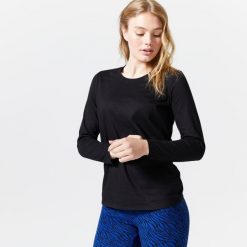Koszulka z długim rękawem damska Domyos Gym & Pilates 100. Czarne bluzki damskie NYAMBA, s, bez wzorów, z bawełny, bez ramiączek. Za 39.99 zł.