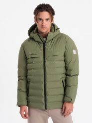 Zimowa kurtka męska z odpinanym kapturem - oliwkowa V1 - Rozmiar: S. Zielone kurtki męskie Ombre Clothing, na zimę, m, bez wzorów. Za 369.99 zł.