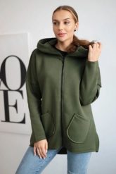 Bluza ocieplana z dłuższym tyłem i kieszeniami khaki. Brązowe bluzy z kapturem damskie KESI, l, z bawełny. Za 198.65 zł.