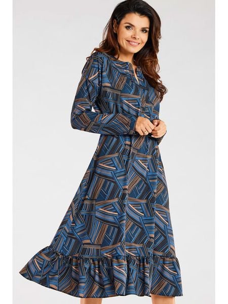 Awama Sukienka w kolorze granatowym ze wzorem rozmiar: XL. Niebieskie sukienki damskie Awama, xl, bez wzorów, bez kołnierzyka, bez ramiączek, midi, rozkloszowane. Za 139.87 zł.