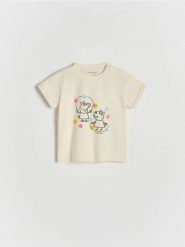 T-shirt Świnka Peppa - kremowy. Białe koszulki dziewczęce Reserved, m, bez wzorów, z bawełny, bez ramiączek. W wyprzedaży za 25.99 zł.