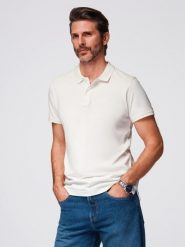 Polo koszulka z bawełnianej dzianiny pique – ecru V7 - Rozmiar: XXL. Koszulki polo męskie Ombre Clothing, m, bez wzorów, z bawełny, bez ramiączek. W wyprzedaży za 59.99 zł.