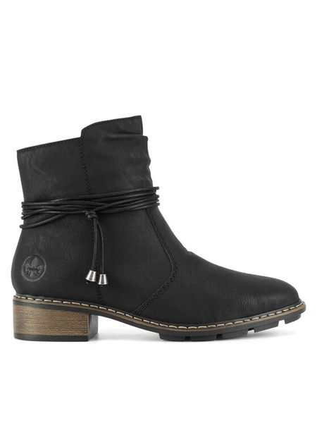 Rieker Botki 77263-00 Czarny. Czarne botki damskie Rieker, z materiału, bez obcasa, na płaskiej podeszwie, bez zapięcia. Za 239.99 zł.