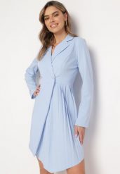 Jasnoniebieska Rozkloszowana Sukienka Mini z Kopertową Górą i Plisami na Dole Lontasa. Niebieskie sukienki damskie Born2be, m, bez wzorów, eleganckie, bez kołnierzyka, bez ramiączek, mini, kopertowe. Za 139.99 zł.