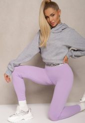 Jasnofioletowe Sportowe Legginsy Elastyczne z Ozdobną Szeroką Gumą w Pasie Larnode. Fioletowe legginsy damskie Renee, bez wzorów, z gumy. Za 34.99 zł.