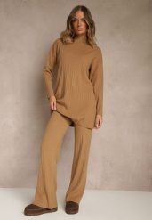 Brązowy Komplet z Dzianiny z Bawełną Spodnie Wide Leg i Sweter Lanneia. Brązowe golfy damskie Renee, z bawełny. Za 129.99 zł.