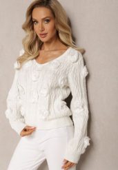 Biały Sweter z Aplikacjami w Kształcie Kwiatów z Cyrkoniami z Wełną Oraile. Białe swetry klasyczne damskie Renee, z wełny, bez kołnierzyka. Za 159.99 zł.