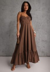 Brązowa Rozkloszowana Sukienka z Bawełny z Wiązanymi Ramiączkami Milistia. Brązowe sukienki damskie Renee, na co dzień, m, bez wzorów, z bawełny, eleganckie, bez kołnierzyka, bez ramiączek, maxi, gorsetowe. Za 169.99 zł.