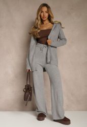 Ciemnoszary Komplet z Wełną i Bawełną Rozpinana Bluza z Kapturem i Szerokie Spodnie Reisema. Szare spodnie materiałowe damskie Renee, bez wzorów, z bawełny, klasyczne. Za 129.99 zł.