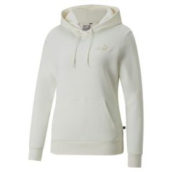 Bluza damska Puma ESS+ Embroidery Hoodie FL. Białe bluzy sportowe damskie Puma, l, bez wzorów, z bawełny, bez ramiączek, długie, z kapturem. Za 319.55 zł.