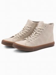 Buty męskie trampki za kostkę z gumową podeszwą – kremowe V1 OM-FOTH-0187 - 45. Białe trampki i tenisówki męskie Ombre Clothing, bez wzorów, z gumy, za kostkę, bez zapięcia. W wyprzedaży za 119.99 zł.