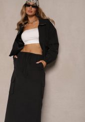 Czarny Komplet z Bawełną Spódnica i Rozpinana Bluza Evorea. Czarne bluzy bez kaptura damskie Renee, l, z bawełny. Za 249.99 zł.