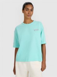 4F T-shirt oversize z nadrukiem damski - turkusowy XS. Niebieskie t-shirty damskie 4f, xl, bez wzorów, z bawełny, bez kołnierzyka. W wyprzedaży za 39.99 zł.