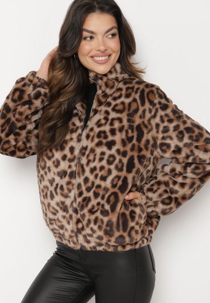 Brązowa Futerkowa Kurtka ze Ściągaczami i Stójką w Cętki Viazelle. Brązowe kurtki damskie Born2be, m, bez wzorów, z jeansu, bez kaptura. Za 159.99 zł.