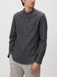 Koszula regular fit z lnem - ciemnoszary. Szare koszule męskie Reserved, l, bez wzorów, z bawełny, bez kołnierzyka, bez ramiączek. Za 139.99 zł.