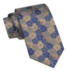 Modny Krawat Męski - Alties - Kwiaty w Odcieniach Niebieskiego i Beżu. Niebieskie krawaty i muchy męskie Alties, bez wzorów, z tkaniny, eleganckie. Za 49.00 zł.