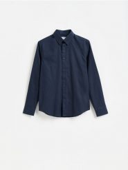 Koszula slim z bawełny merceryzowanej - granatowy. Niebieskie koszule męskie Reserved, l, bez wzorów, z bawełny, bez kołnierzyka, bez ramiączek. Za 129.99 zł.