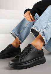 Czarne Sneakersy Typu Tenisówki na Niskim Koturnie Elanireth. Czarne trampki i tenisówki damskie Renee, bez wzorów, z jeansu. Za 59.99 zł.