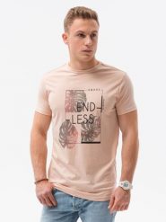 T-shirt męski z nadrukiem - różowy V-18B. Czerwone t-shirty męskie Ombre Clothing, m, bez wzorów, z bawełny, bez kołnierzyka. W wyprzedaży za 29.99 zł.