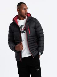 Nylonowa pikowana kurtka męska w stylu sportowym – czarna V3 OM-JALP-0187 - M. Czarne kurtki męskie Ombre Clothing, l, bez wzorów, z materiału. W wyprzedaży za 99.99 zł.
