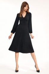 Czarna Elegancka Midi Sukienka z Bufiastym Rękawem. Czarne sukienki damskie Nife, l, bez wzorów, z elastanu, eleganckie, bez kołnierzyka, bez ramiączek, midi. Za 198.90 zł.