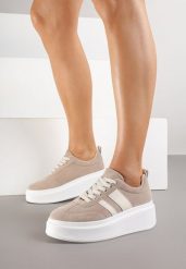 Ciemnobeżowe Sneakersy Kultowe Tenisówki na Platformie z Koturnem Elisara. Brązowe trampki i tenisówki damskie Born2be, bez wzorów, z materiału. Za 109.99 zł.