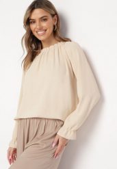 Beżowa Bluzka z Długim Rękawem i Ozdobnymi Marszczeniami Elassetia. Brązowe bluzki damskie Born2be, xl, bez wzorów, eleganckie, bez kołnierzyka, bez ramiączek. Za 54.99 zł.