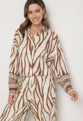 Beżowa Wiskozowa Koszula z Lnem i Geometrycznym Wzorem Sepineva. Brązowe koszule damskie Born2be, na lato, bez wzorów, z jeansu, eleganckie, bez kołnierzyka, bez ramiączek. Za 69.99 zł.