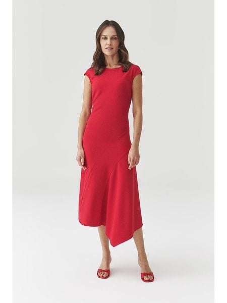 TATUUM Sukienka w kolorze czerwonym rozmiar: 40. Czerwone sukienki damskie Tatuum, bez wzorów, z asymetrycznym kołnierzem, bez ramiączek, midi, asymetryczne. Za 200.60 zł.