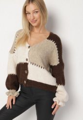 Brązowy Patchworkowy Kardigan Oversize na Guziki z Falbanką na Rękawach i Wełną Atevita. Brązowe kardigany damskie Born2be, bez wzorów, z wełny. Za 169.99 zł.