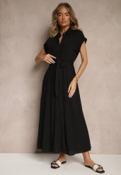 Czarna Koszulowa Sukienka z Wiskozy z Paskiem Rinaira. Czarne sukienki damskie Renee, na co dzień, l, bez wzorów, z materiału, eleganckie, bez kołnierzyka, bez ramiączek, maxi, koszulowe. W wyprzedaży za 104.99 zł.