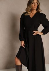 Czarna Rozkloszowana Sukienka z Wiskozy z Paskiem ze Sprzączką Orille. Czarne sukienki damskie Renee, l, bez wzorów, z materiału, bez kołnierzyka, bez ramiączek, maxi, rozkloszowane. Za 159.99 zł.