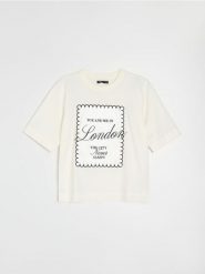 Bawełniana koszulka z haftem i motywem Londynu - kremowy. Białe t-shirty damskie Sinsay, l, bez wzorów, z bawełny, bez kołnierzyka. Za 25.99 zł.