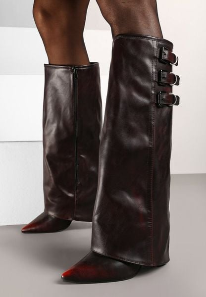 Bordowe Kozaki na Słupku z Wywiniętą Cholewką Klamrami i Paskami Renniel. Czerwone kozaki damskie Renee, z jeansu, bez obcasa, na obcasie. Za 169.99 zł.